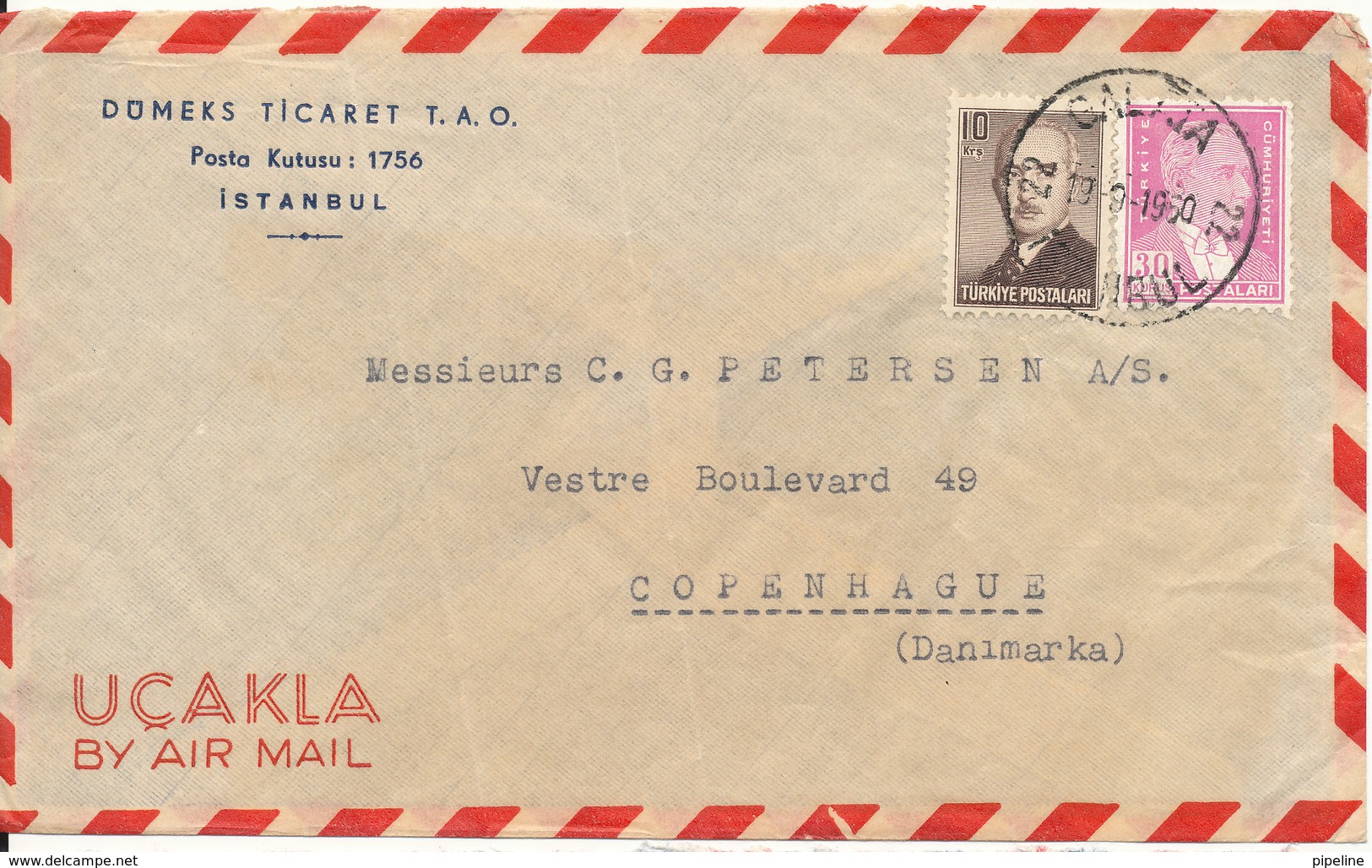 Turkey Air Mail Cover Sent To Denmark 19-9-1960 (the Cover Is Bended) - Airmail