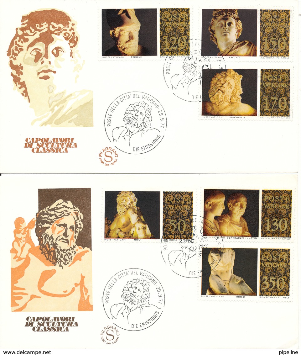 Vatican FDC 29-9-1977 Classic Art Sculpture Complete Set Of 6 On 2 Covers With Cachet - FDC