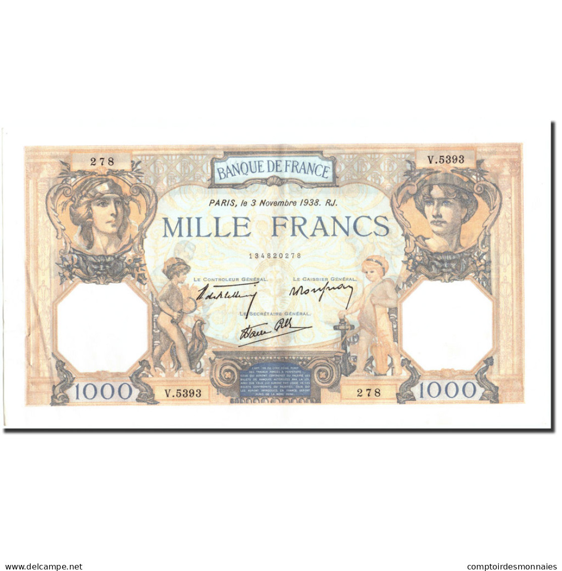 Billet, France, 1000 Francs, 1938, 1938-11-03, SUP+, Fayette:38.32, KM:90c - 1 000 F 1927-1940 ''Cérès Et Mercure''