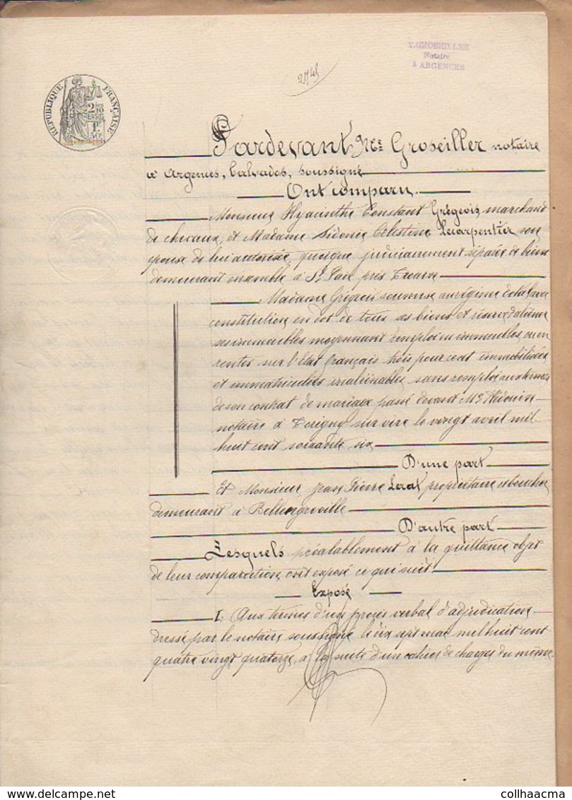 1895 Vente T. Groseiller Notaire Argences,Familles Grégeois,Lecarpentier,Lerat,à ST Pair Par Troarn,Bellengreville - Manuscrits