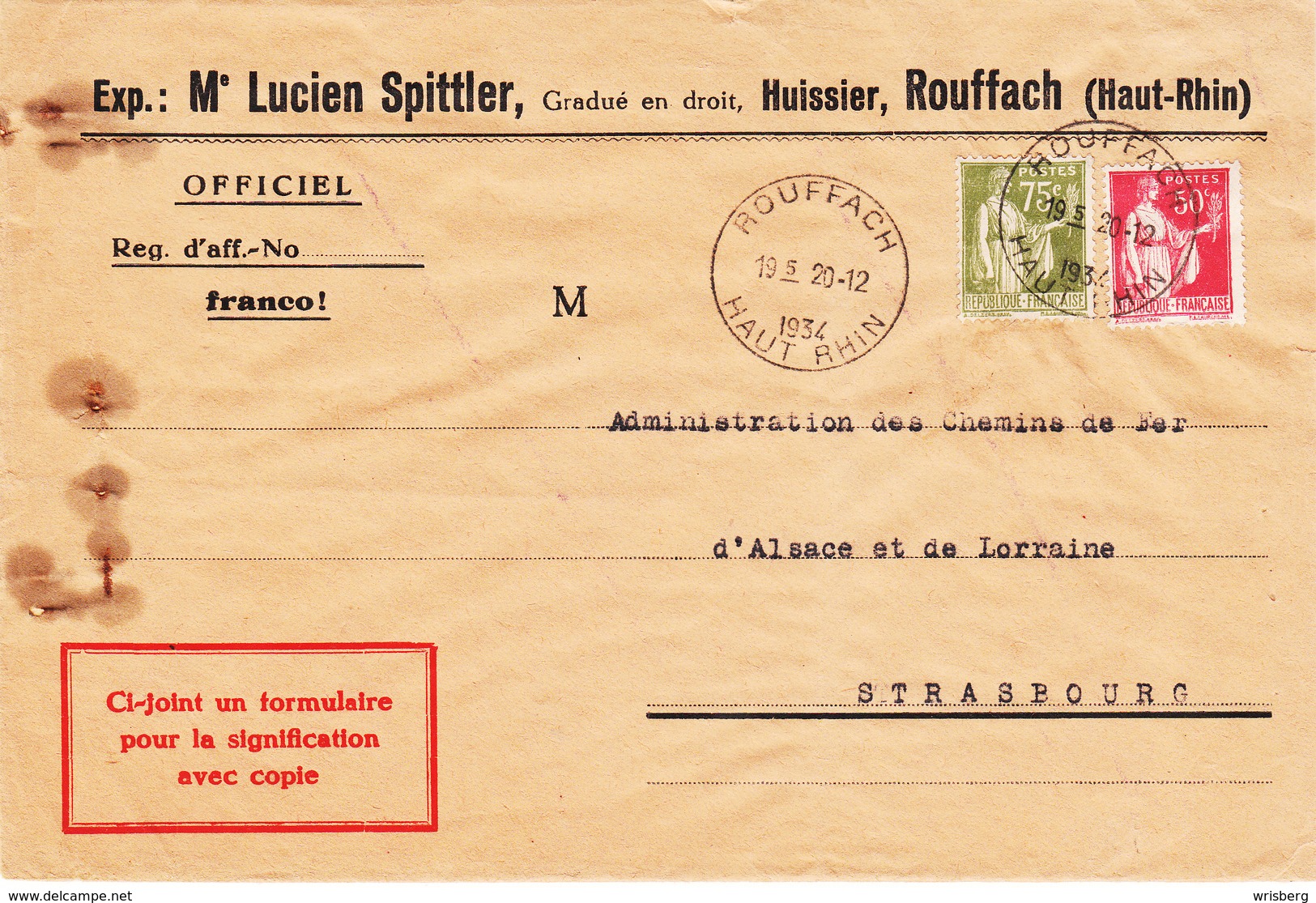 Env Pour Signification Avec Copie Affr Y&T 283 + 284A Obl ROUFFACH Du 20.12.1934 Adressée à Strasbourg - Lettres & Documents