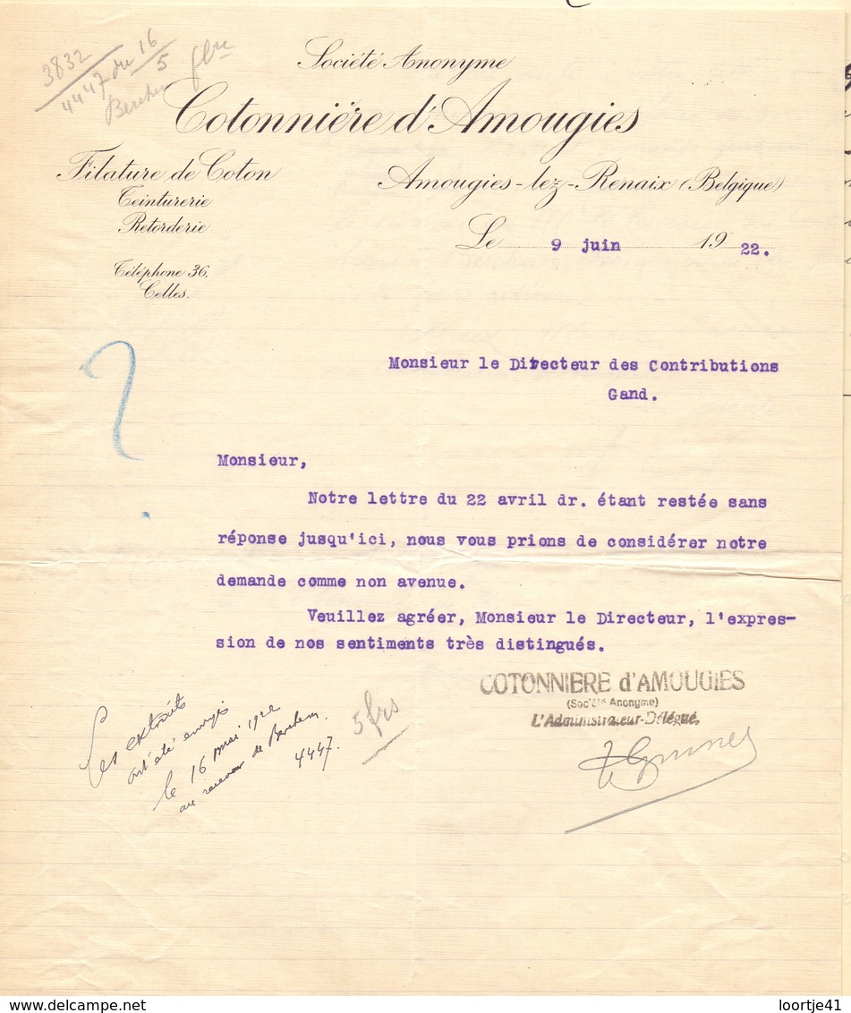 Brief Lettre - Cotonnière D' Amougies  à Gand 1922 - Unclassified