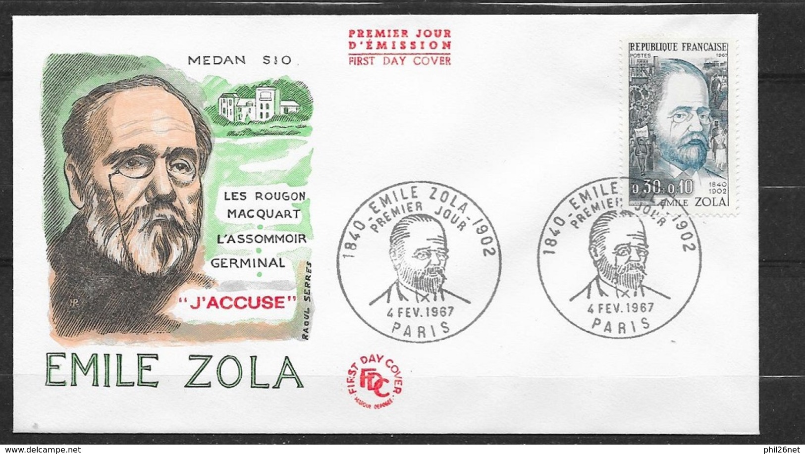 FDC Lettre Premier Jour Cachet Paris Le 04/02/1967 Le N°1511 Emile Zola 38    TB.. - Writers