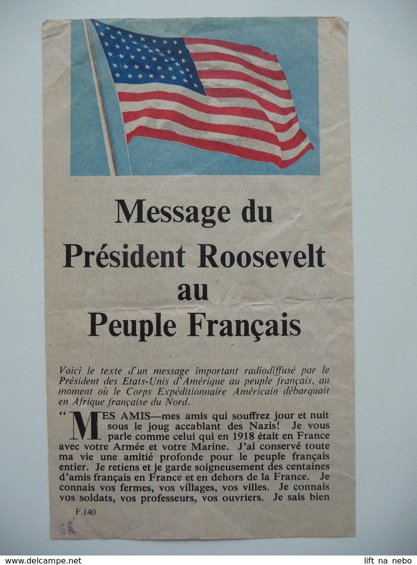 WWII WW2 Tract Flugblatt Propaganda Leaflet In French, PWE F Series/1942, F.140, Message Du Président Roosevelt... - Non Classés