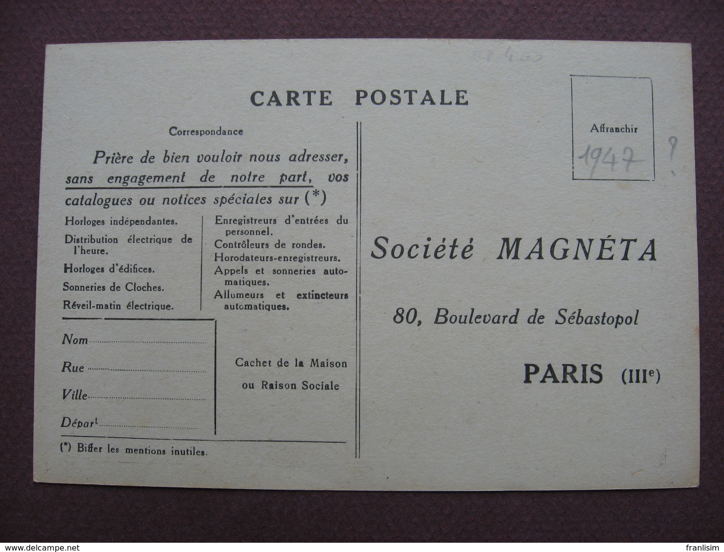 CPA 75 PARIS 3 è  PUBLICITAIRE PUBLICITE Société MAGNETA 80 Bd Sébastopol METIERS HORLOGERIE RARE ? Régulateur  Brillié - Distretto: 03