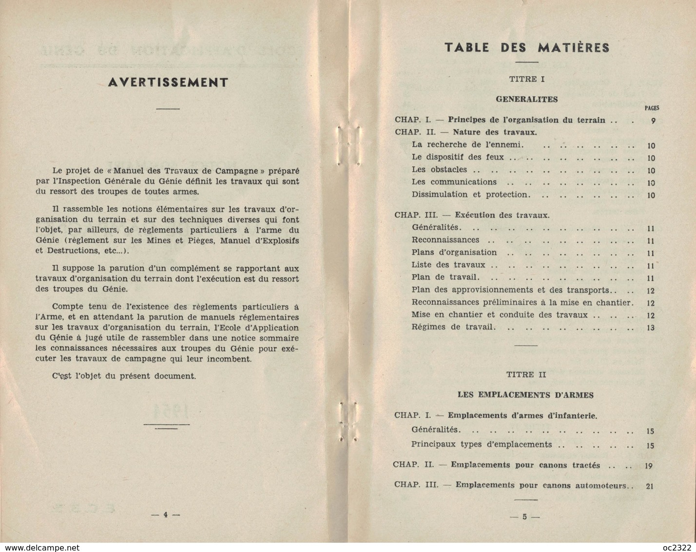 MANUEL MILITAIRE De 1954 NOTICE SOMMAIRE SUR LES TRAVAUX DE CAMPAGNE - Equipement