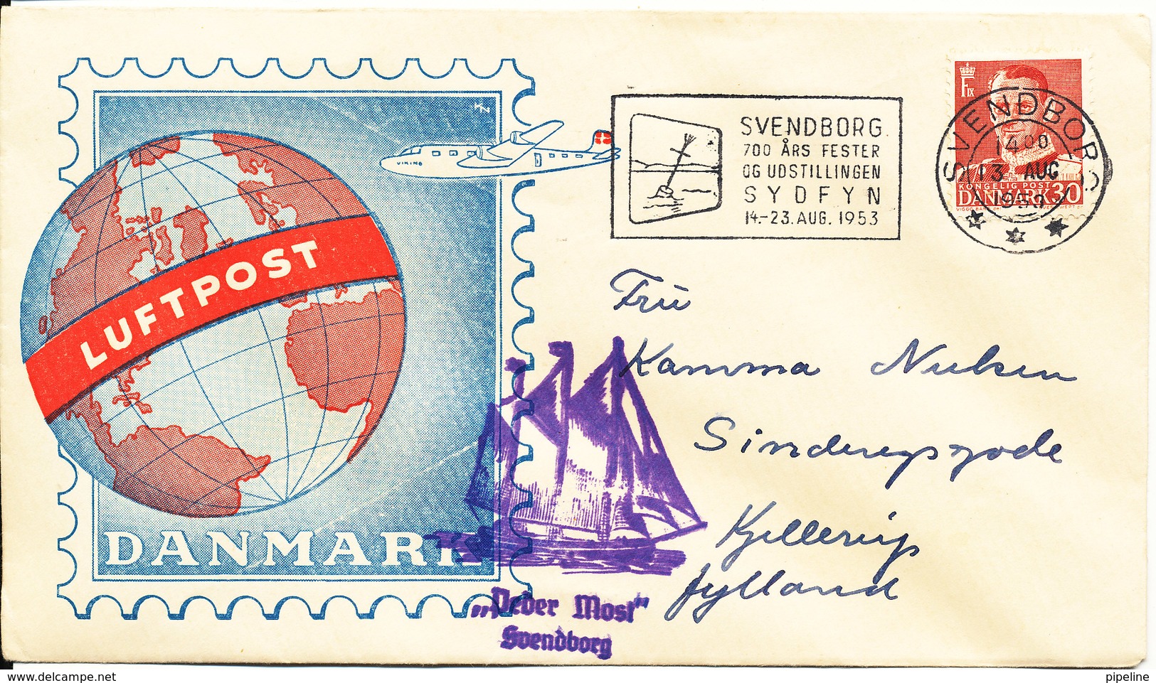Denmark Cover With Air Mail Cachet Svendborg 13-8-1953 Nice Cover - Covers & Documents
