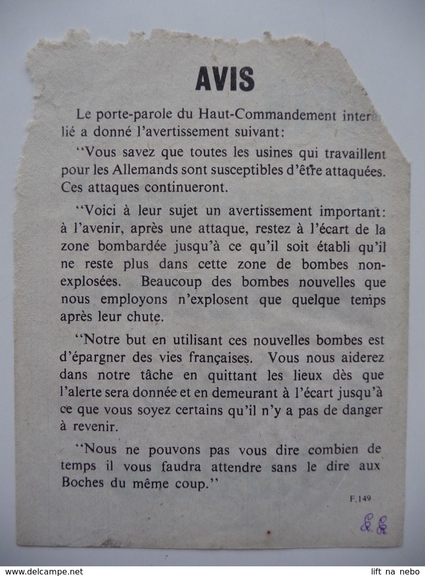 WWII WW2 Tract Flugblatt Propaganda Leaflet In French, PWE F Series/1943, F.149, Avis Concernant Les Bombes à Fusées... - Non Classés