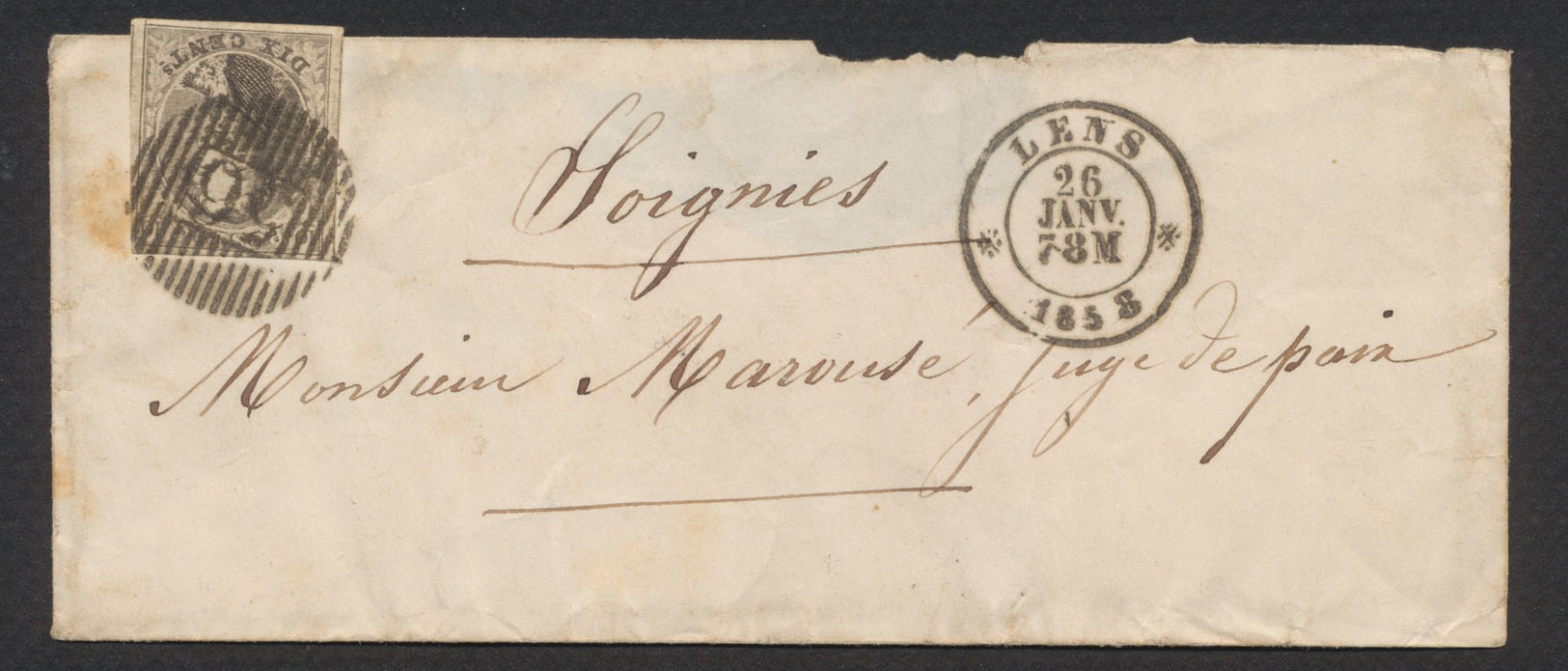 N°6 Bien Margé Sur Enveloppe-lettre Obl D56 + Obl DC Lens 26/1/1858 Vers Soignies - 1851-1857 Medallions (6/8)