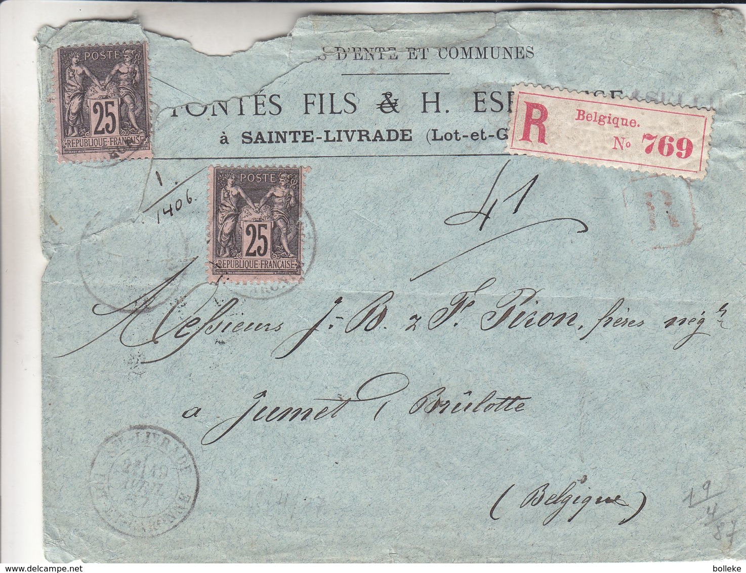 France - Lettre Recom De 1887 - Oblit Ste Livrade - Exp Vers Jumet - Cachet Agen à Paris - Agen à Limoges - 1876-1898 Sage (Type II)