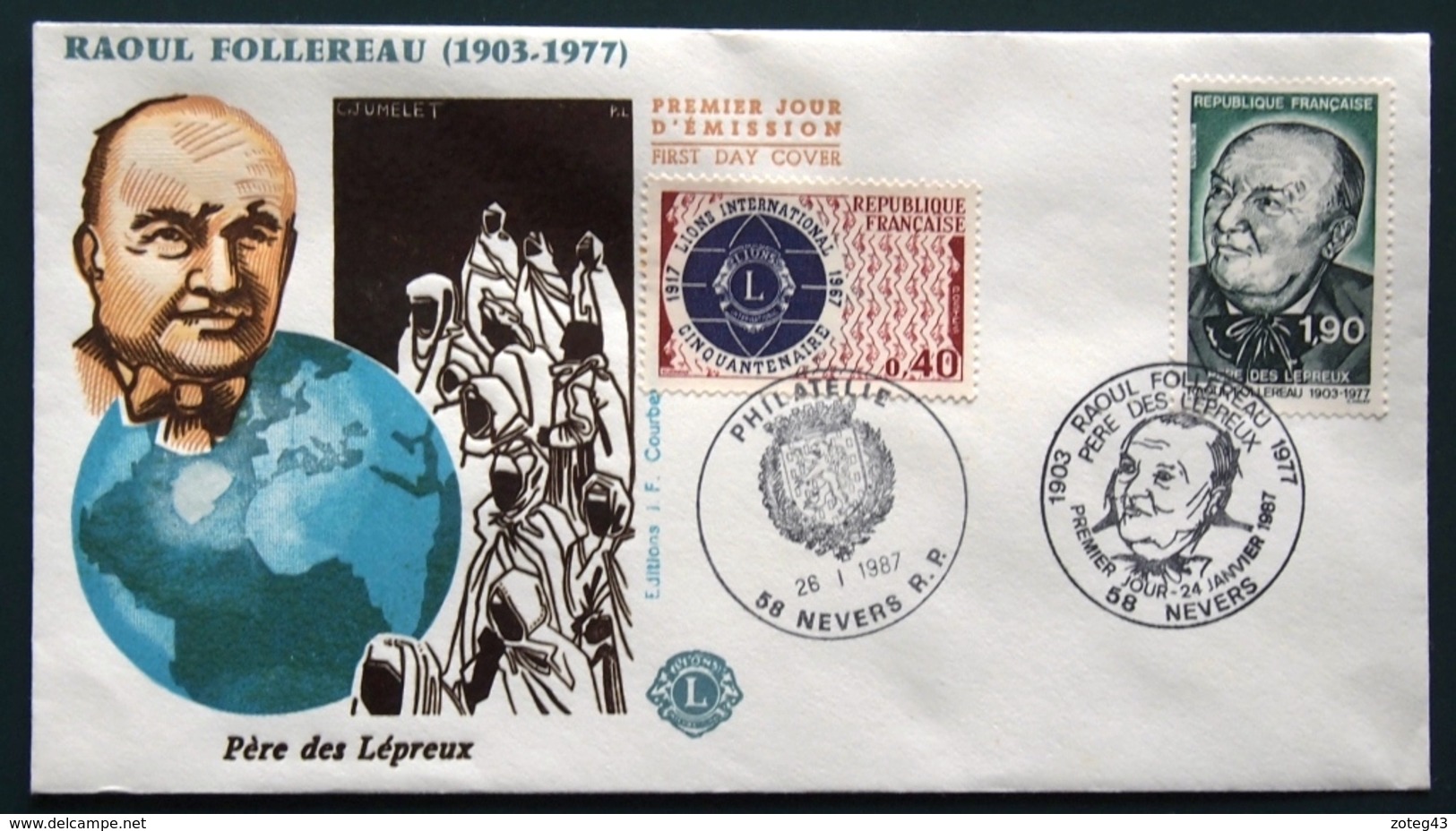 FRANCE 1987 LIONS CLUB  FDC FIRST DAY COVER ERSTAUSGAGE UMSCHLAG GESTEMPELT RAOUL FOLLEREAU 26 01 1987 - Rotary, Lions Club