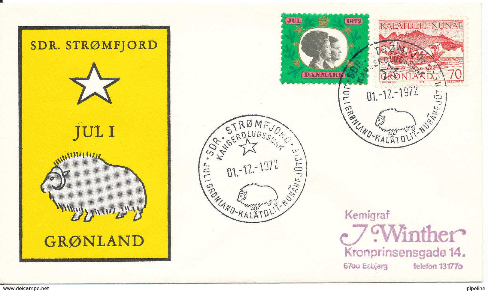 Greenland Cover With Special Christmas Postmark Sdr. Stömfjord 1-12-1972 And A Danish Christmas Seal - Briefe U. Dokumente