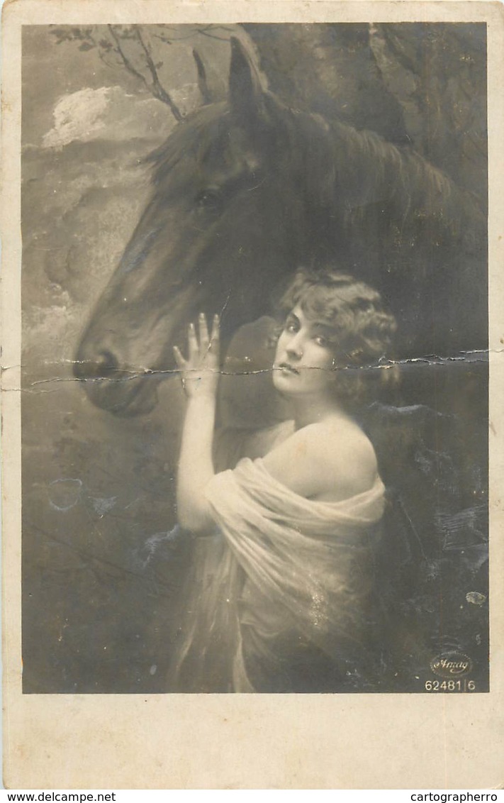 D1285 Lady & Horse Photo Postcard ( Bent , Plie ) Cheval Femme Surrealisme - Fotografie