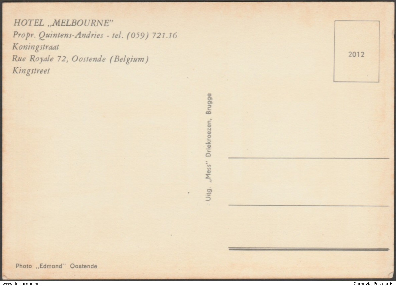 Hotel Melbourne, Oostende, West-Vlaanderen, C.1960s - Mess Briefkaart - Oostende