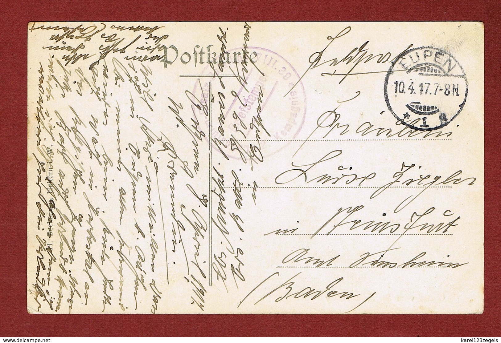 Feldpost Poststempel Eupen 10/4/1917 En Regimentsstempel Op Zichtkaart St Annaberg 2 Scan - Armée Allemande