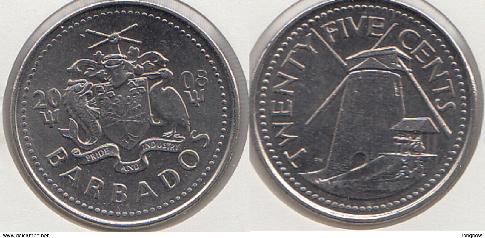 Barbados 25 Cents 2008 Km#13 - Used - Barbados (Barbuda)