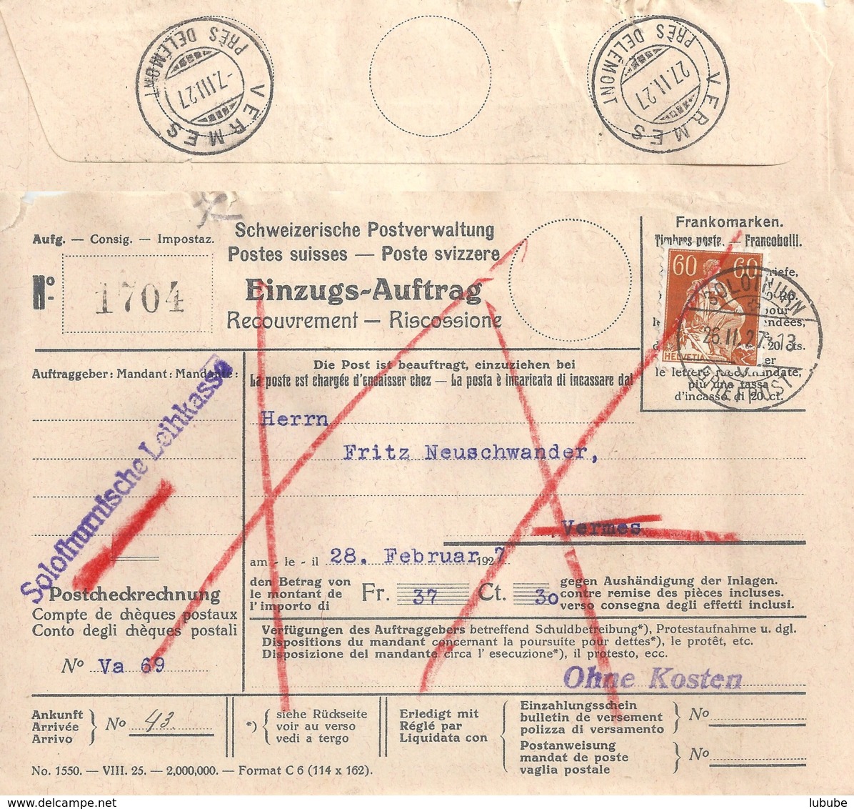 NN Brief  Solothurn - Vermes Près Delémont             1927 - Storia Postale