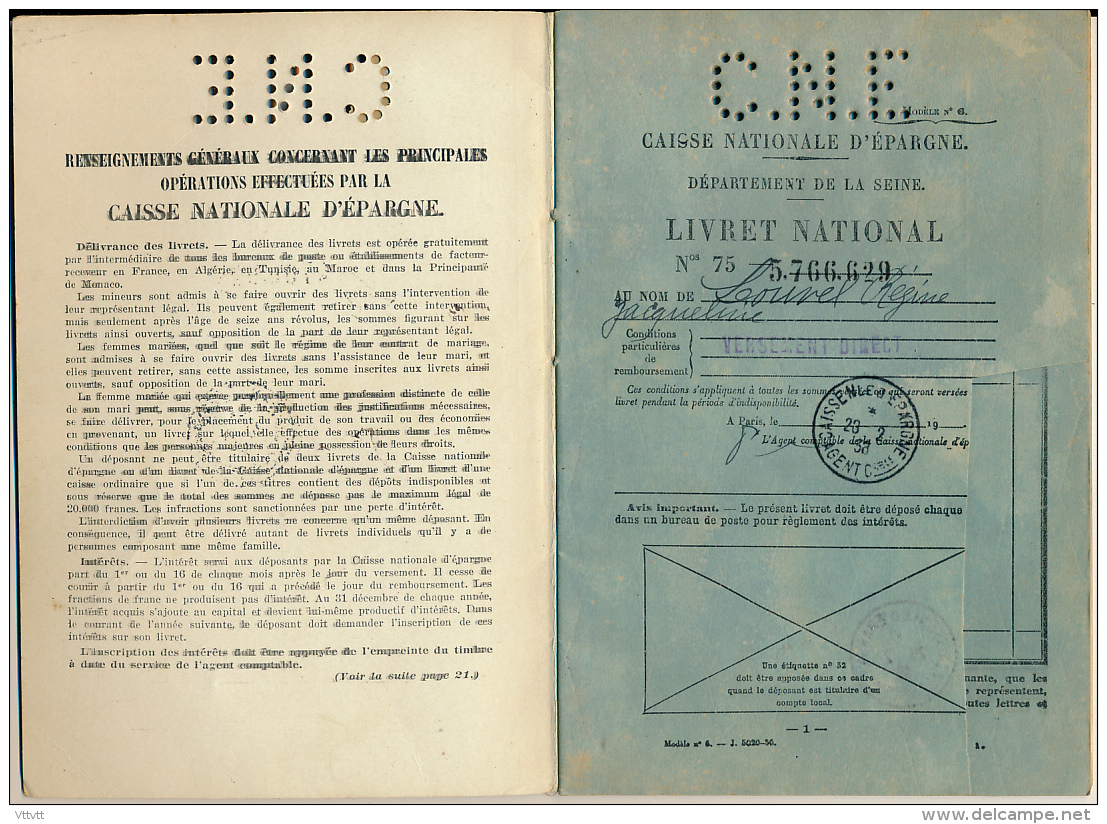 1938, Livret CAISSE NATIONALE D&acute;EPARGNE, Département De La Seine, Vanves, Régine-Jacqueline Louvel, Enseignante - Bank & Insurance