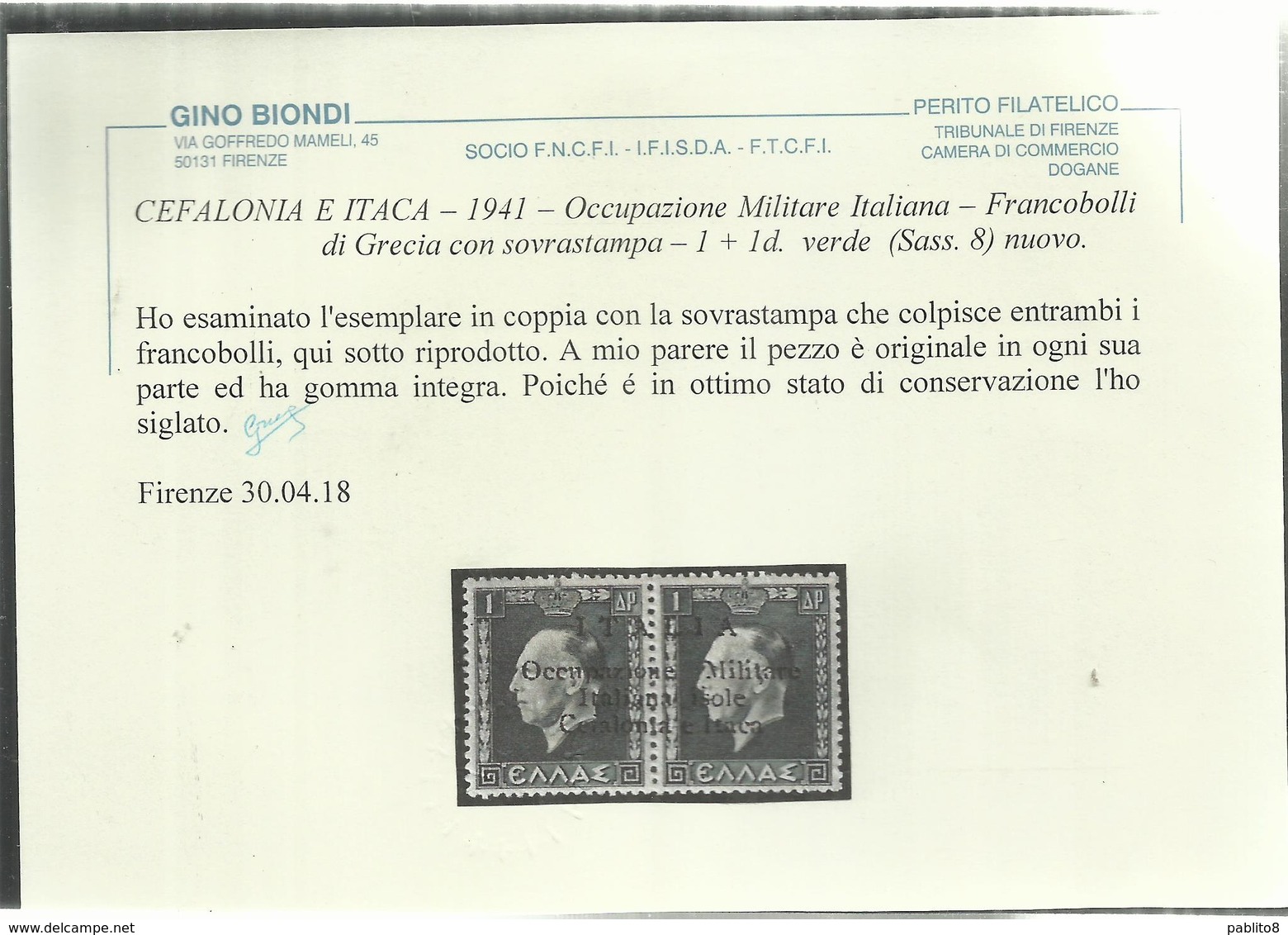 OCCUPAZIONE ITALIANA CEFALONIA E ITACA KEFALONIA ITHACA 1941 KING GEORGE II RE GIORGIO ARGOSTOLI 1 + 1 D MNH CERTIFICATO - Cefalonia & Itaca