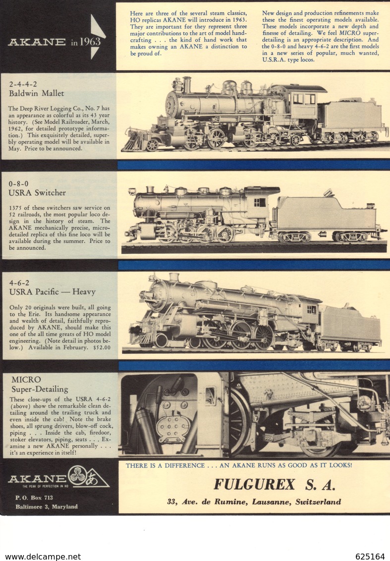 Catalogue AKANE MODELS 1963 Hand-Crafted HO USA Steam Locomotives Fulgurex + Preisliste CHF - English