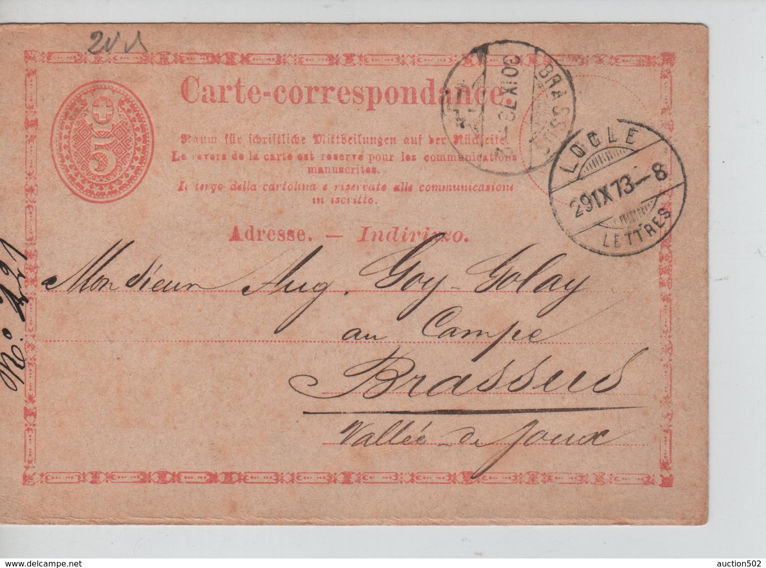 Suisse Entier CP 5c C.(Le) Locle 29/9/1873 V.(Le) Brassus C.d'arrivée PR5177 - Entiers Postaux