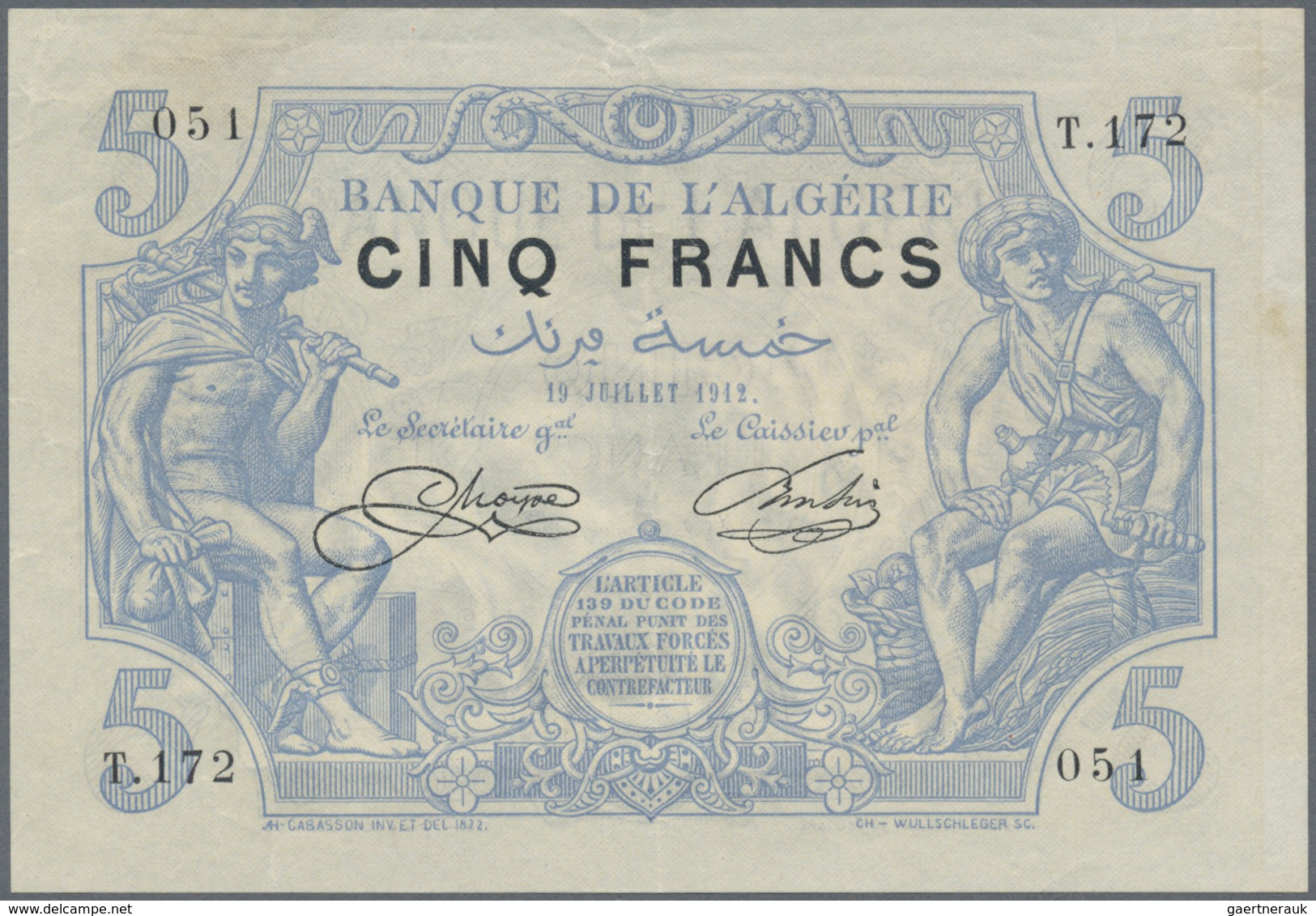 01006 Algeria / Algerien: Banque De L'Algérie 5 Francs July 19th 1912, P.71a, Very Early Issue In Excellen - Algérie