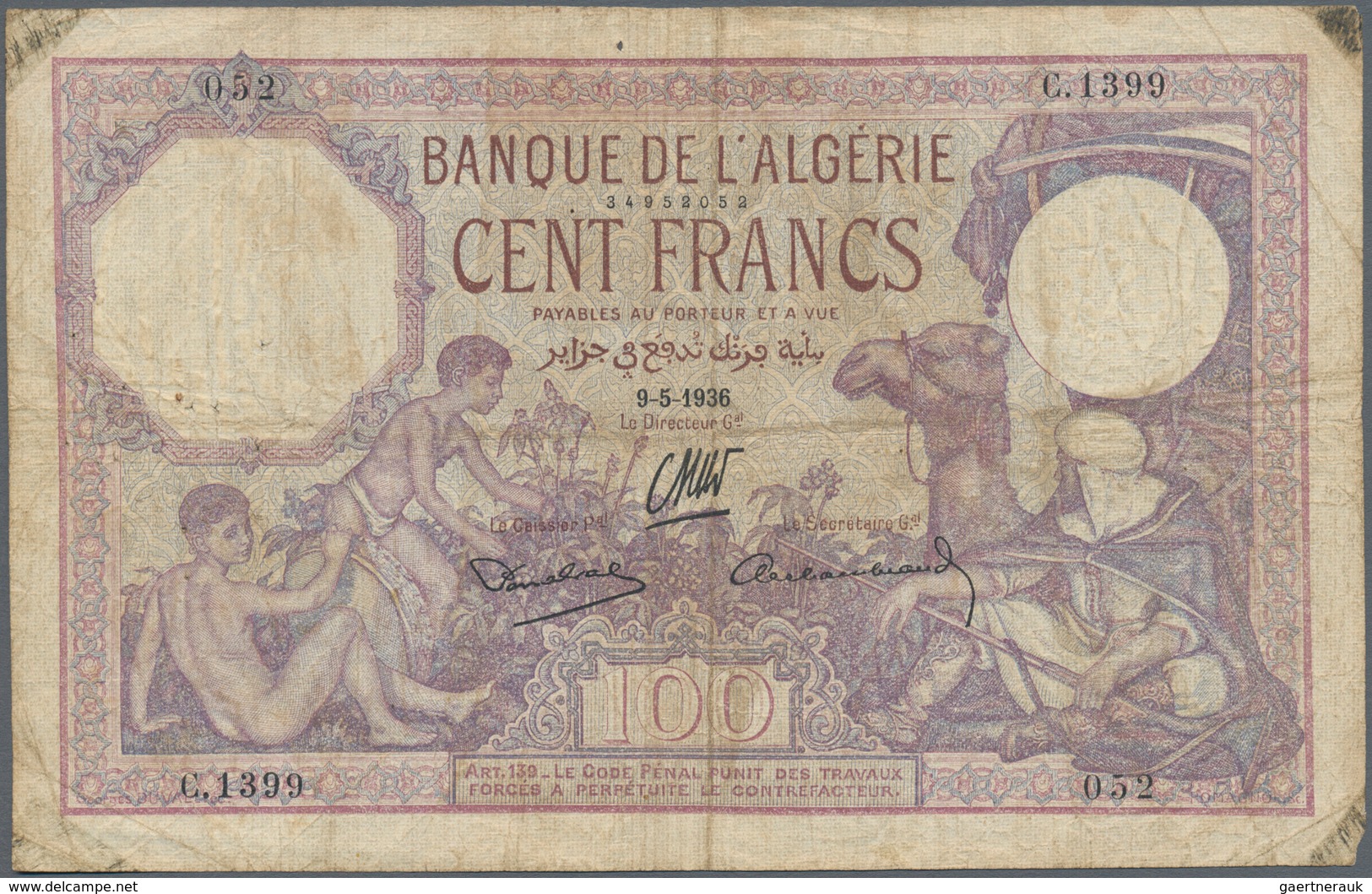 01007 Algeria / Algerien: Set Of 3 Banknotes Containing 5 Francs 1916 P. 71b (VG), 100 Francs 1936 P. 81b - Algérie