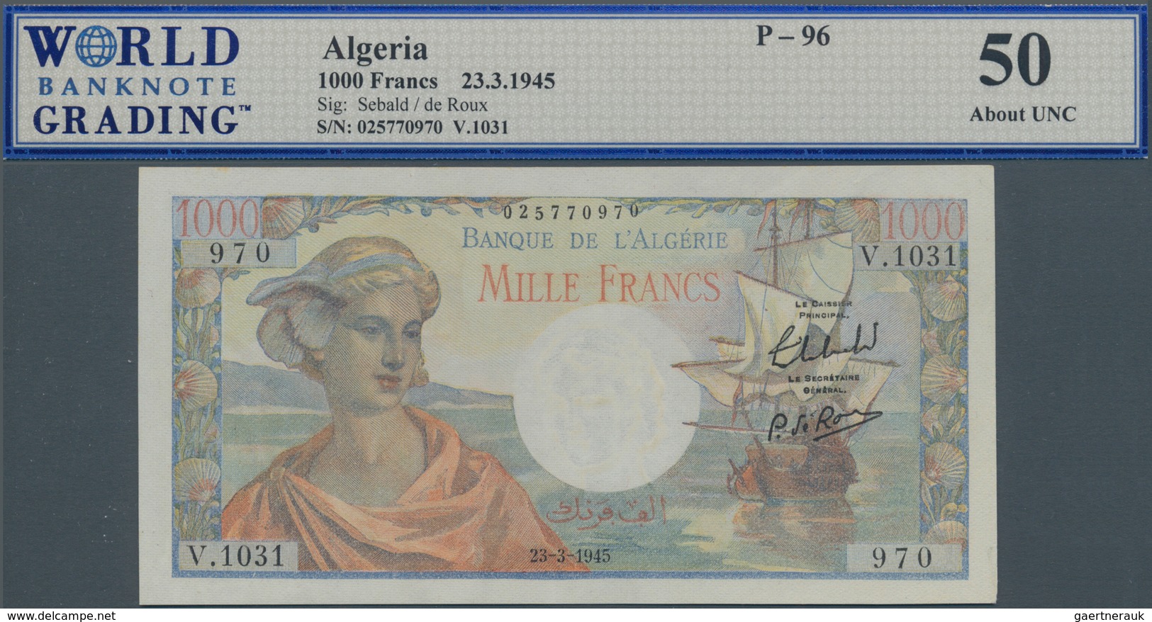 01008 Algeria / Algerien: 1000 Francs 1945, P.96, Minor Spots, Otherwise Perfect, WBG Grading 50 About UNC - Algeria