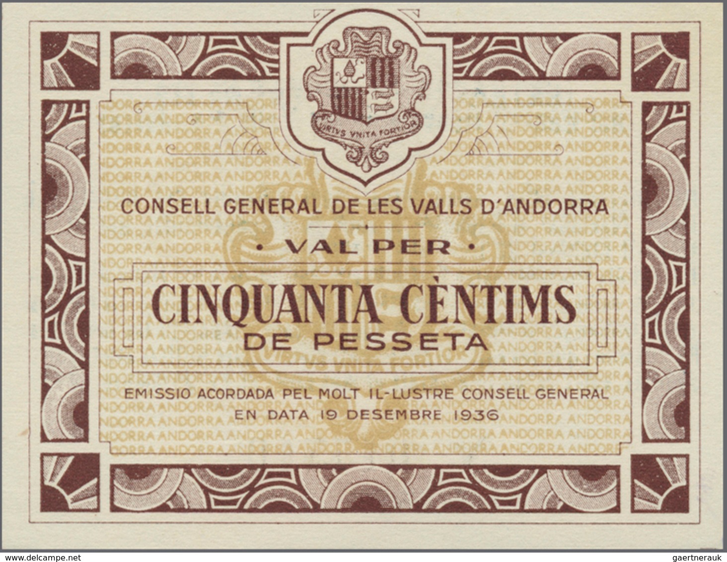 01014 Andorra: 50 Centimes 1936 P. 5, Crisp Paper, In Condition: UNC. - Andorra