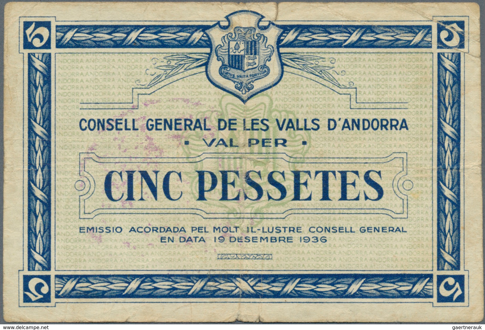 01015 Andorra: Rare Note Of 5 Pessetes 1936 P. 6, Used With Folds And Creases, Stronger Center Fold, But N - Andorra