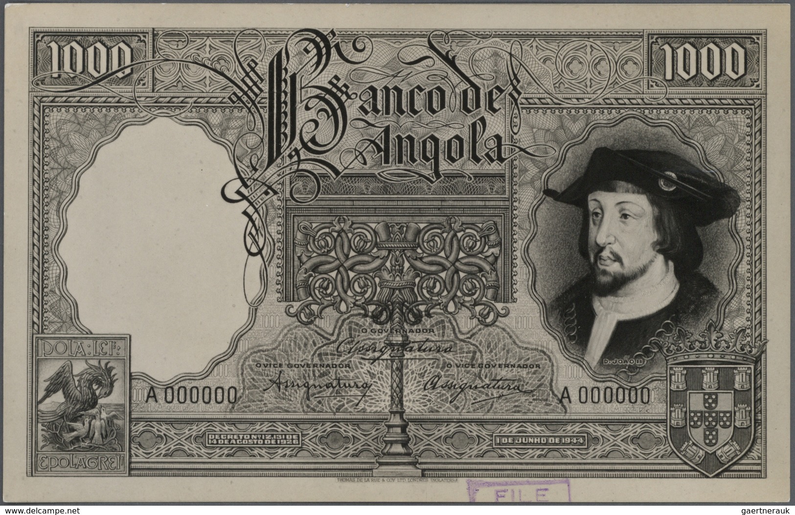 01021 Angola: Set Of 2 Front And Back Photo Proofs Of Angola 1000 Angolares ND(1944) Pick 82p, Zero Serial - Angola