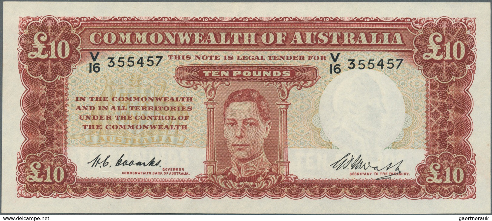 01030 Australia / Australien: 10 Pounds ND(1940-52), Signature: Coombs & Watt, P.28c In Perfect UNC Condit - Otros & Sin Clasificación