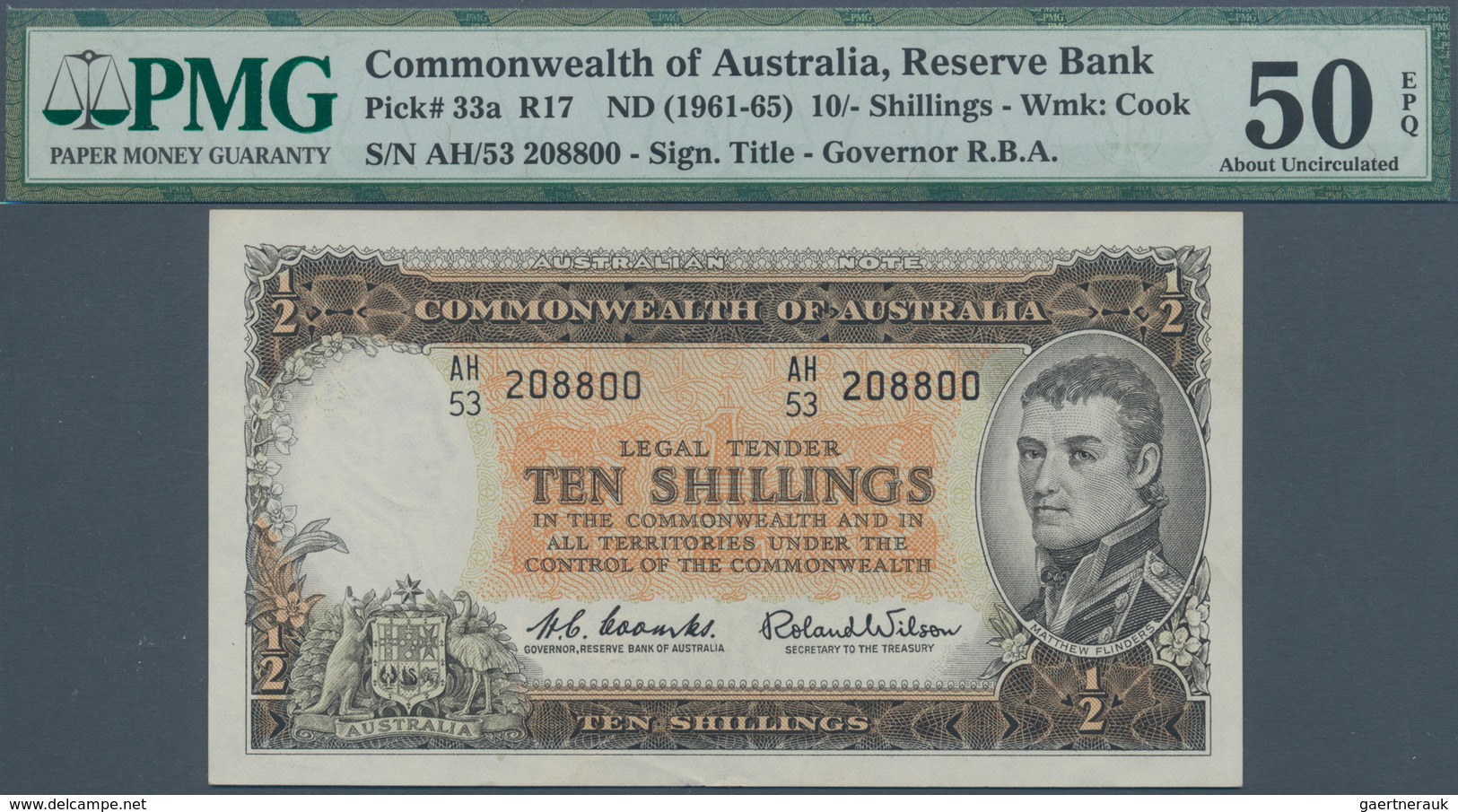 01032 Australia / Australien: 10 Shillings ND(1961-65) P. 33a, Condition: PMG Graded 50 AUNC EPQ. - Otros & Sin Clasificación