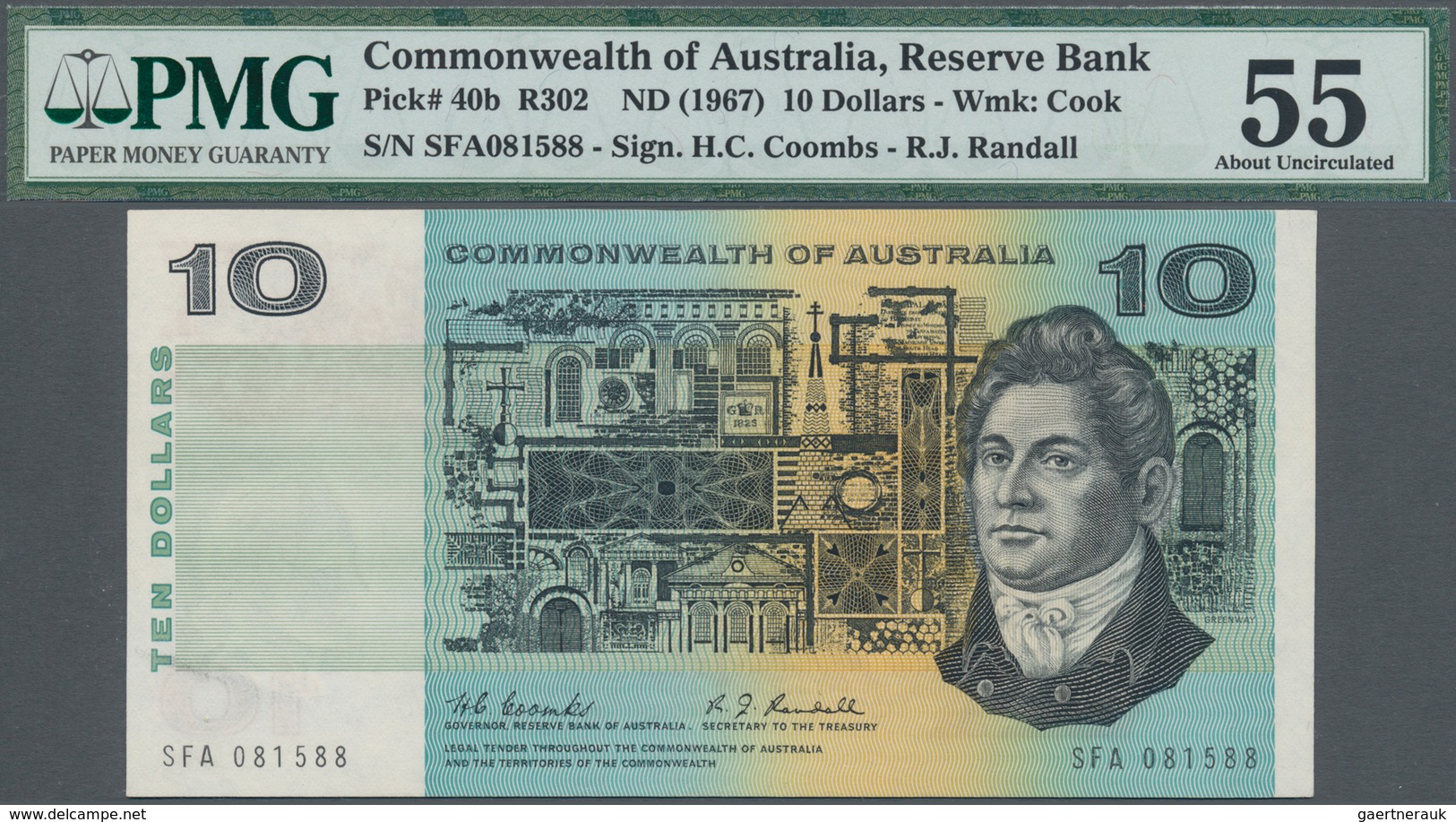 01035 Australia / Australien: 10 Dollars ND(1967) P. 40b, Condition: PMG Graded 55 AUNC. - Autres & Non Classés