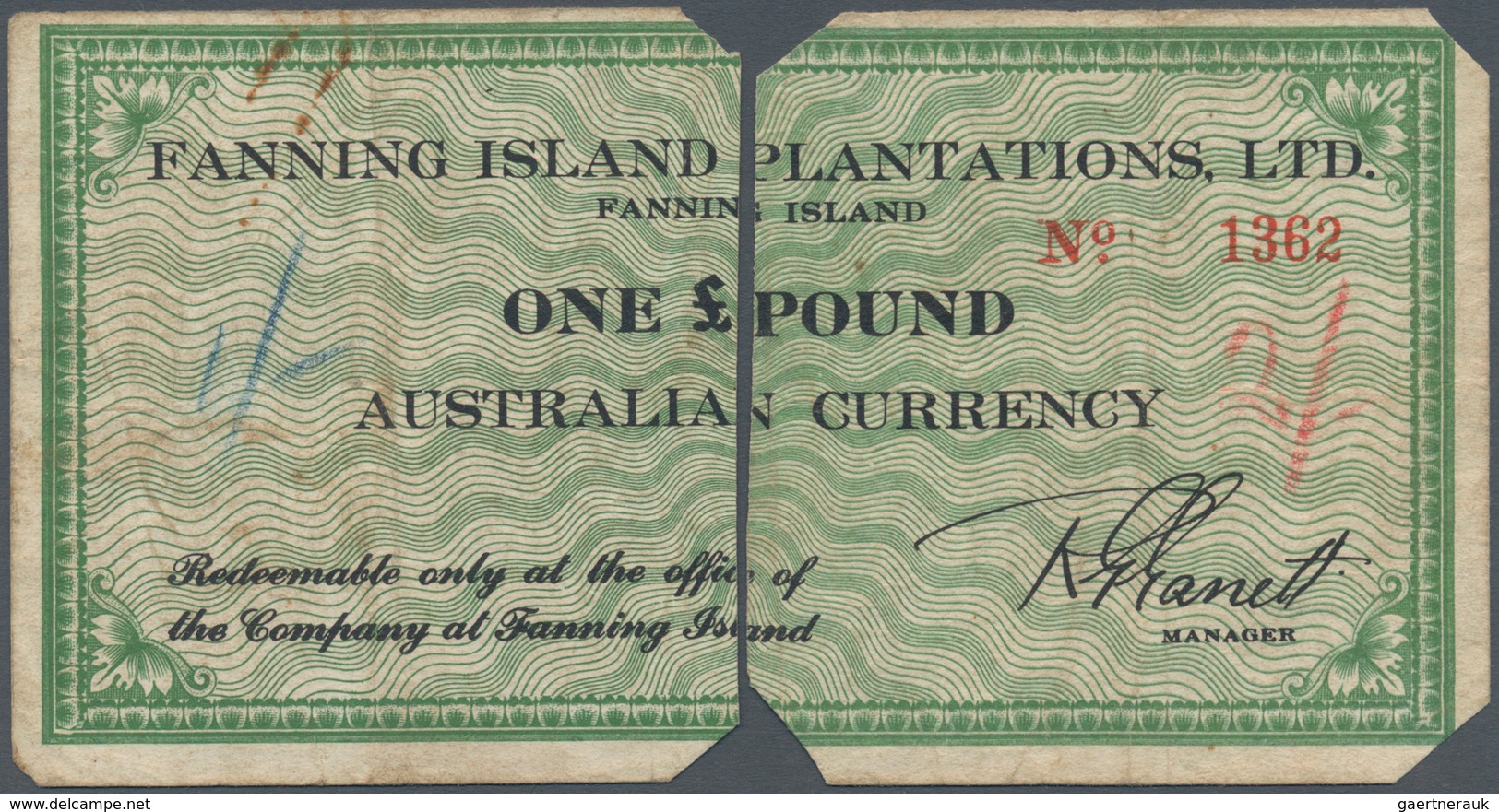 01037 Australia / Australien: FANNING ISLANDS 1 Pound Australian Currency, Fanning Islands, One Of The Bri - Autres & Non Classés