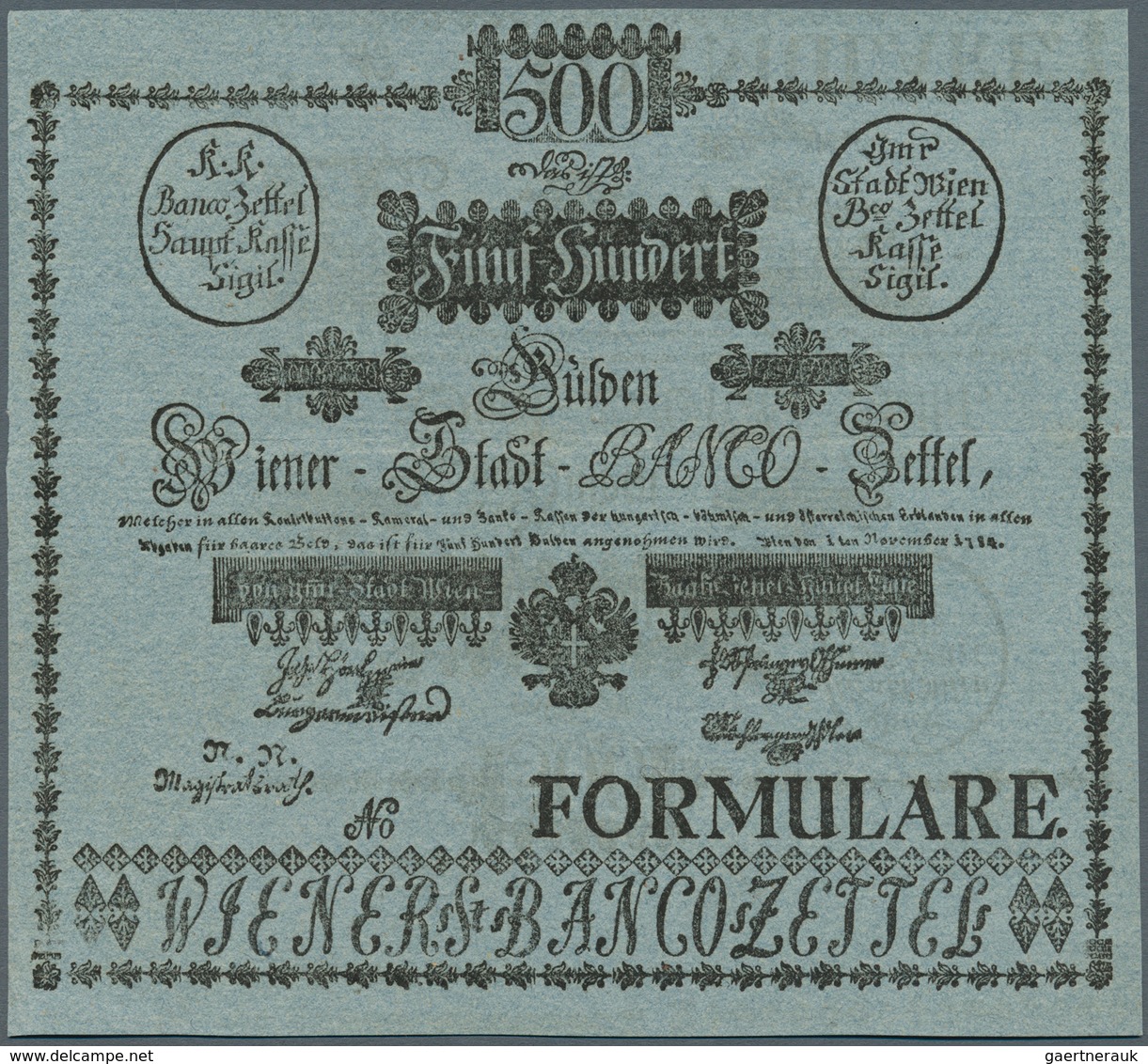 01038 Austria / Österreich: 500 Gulden 1784 P. A20b FORMULAR, With Only One Horizontal And Vertical Fold, - Oesterreich