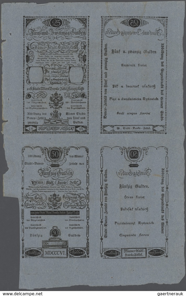 01045 Austria / Österreich: Uncut Sheet Of FORMULAR Notes Of 25, 50 And 100 Gulden 1806, The 25 And 50 Pri - Oesterreich