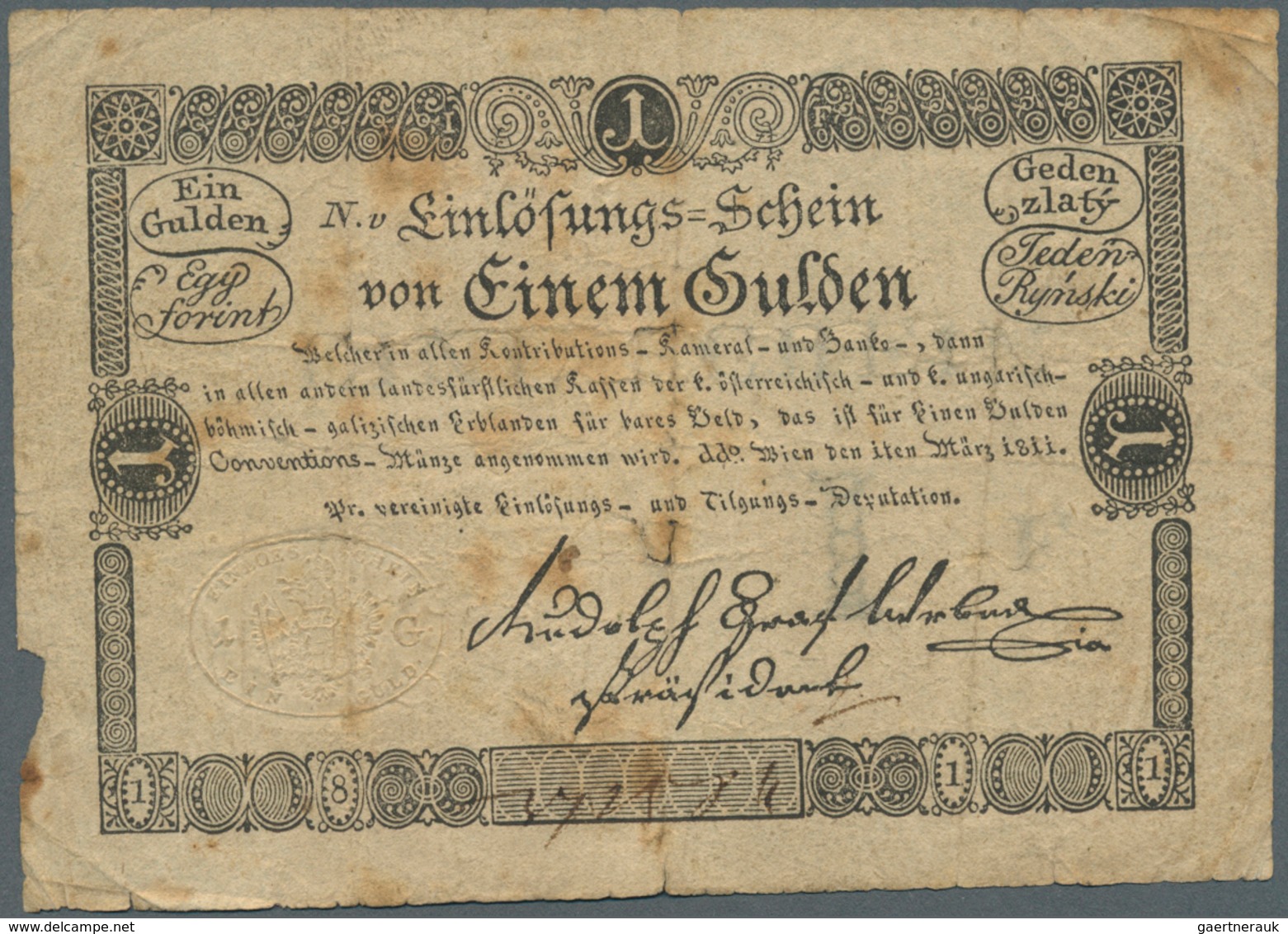 01047 Austria / Österreich: Privilegierte Vereinigte Einlösungs- Und Tilgungs-Deputation 1 Gulden 1811, P. - Oesterreich