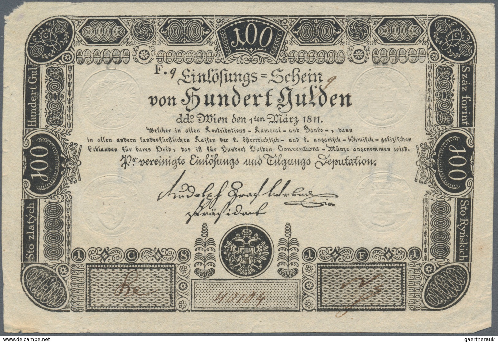 01048 Austria / Österreich: 100 Gulden 1811 Issued Note (not Formular) P. A49a, Highly Rare Banknote, Cent - Autriche