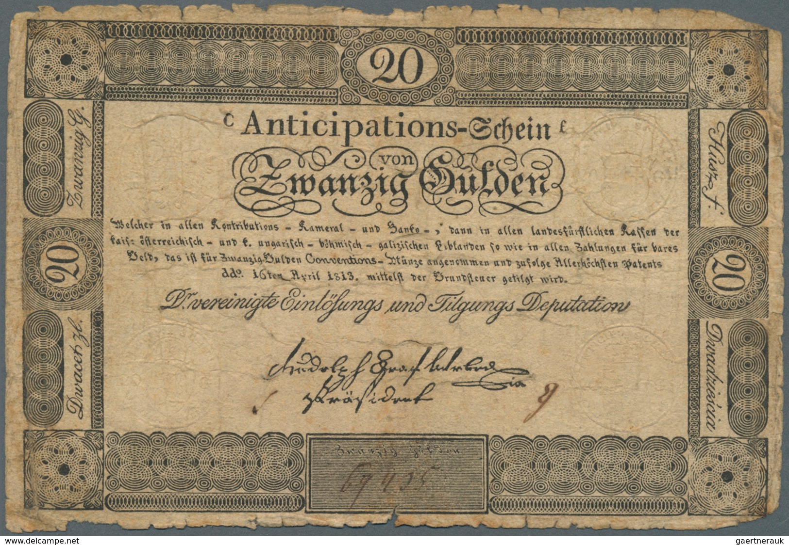 01049 Austria / Österreich: Privilegierte Vereinigte Einlösungs- Und Tilgungs-Deputation 20 Gulden 1813, P - Oostenrijk