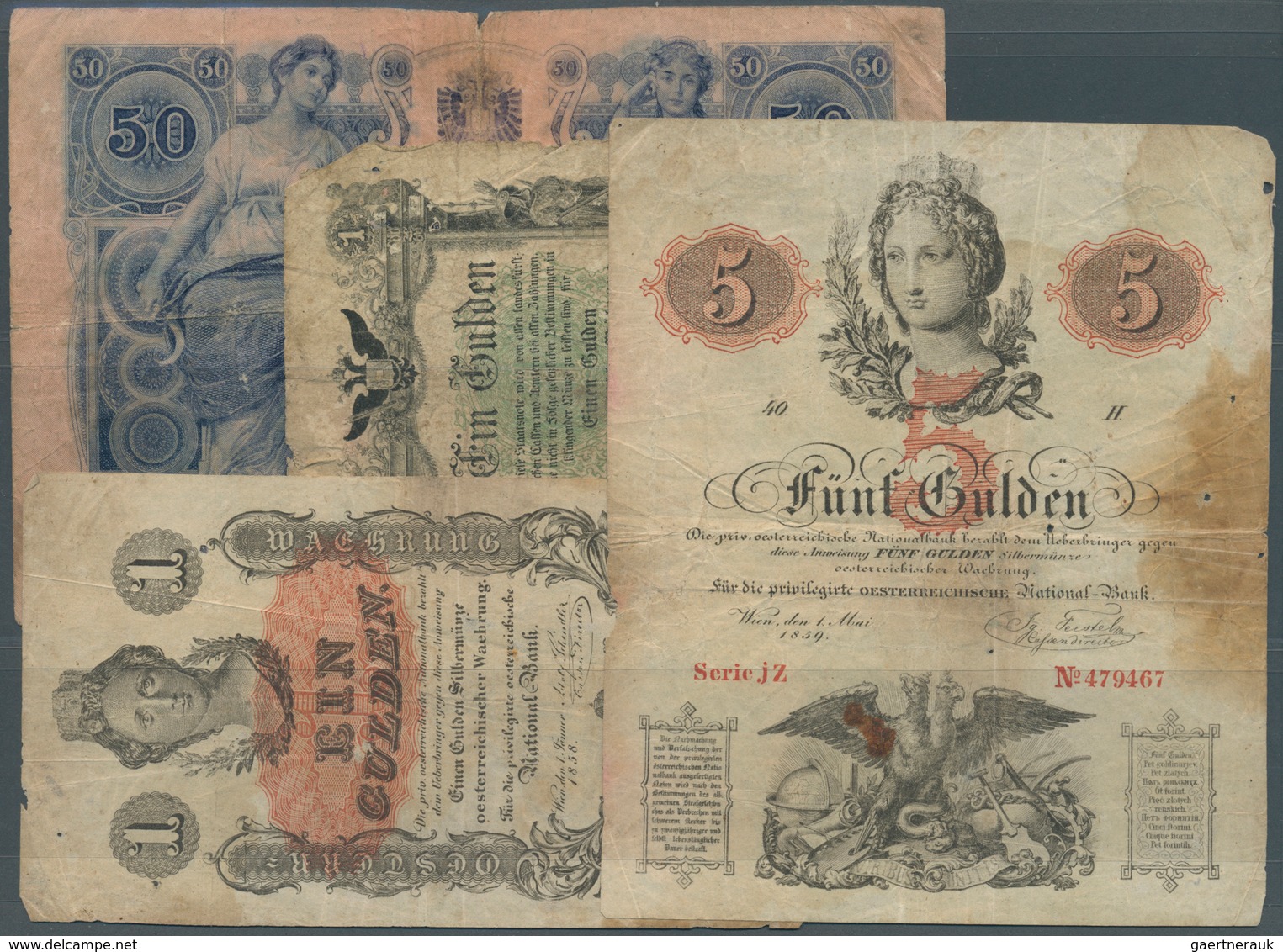 01052 Austria / Österreich: Set Of 4 Banknotes Containing 1 Gulden 1858 P. A84 (F), 5 Gulden 1859 P. A88 ( - Oesterreich