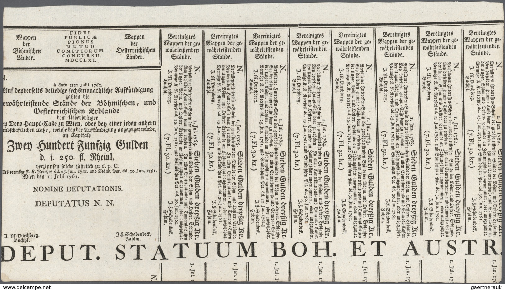 01056 Austria / Österreich: 250 Gulden 1761 Obligation Vienna, PR W3a), Complete Sheet In Condition: XF. - Oesterreich