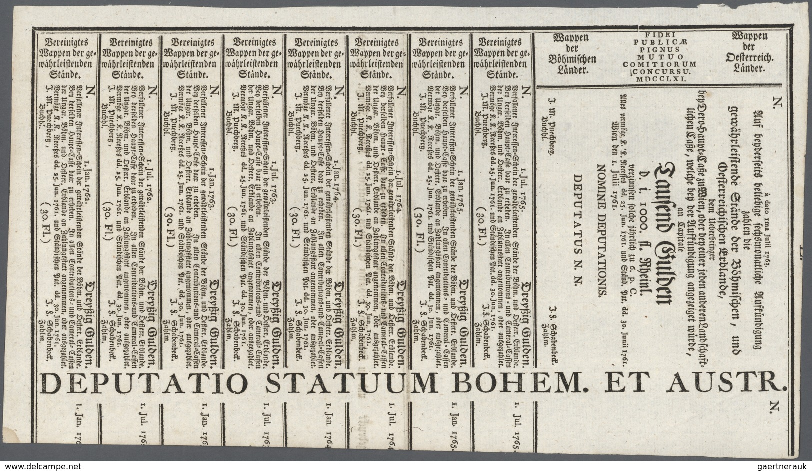 01058 Austria / Österreich: 1000 Gulden 1761 Obligation Vienna, PR W3c), Complete Sheet In Condition: VF. - Autriche