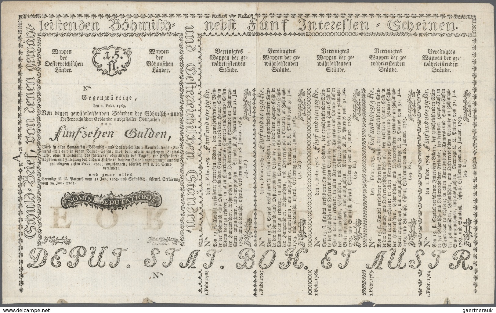 01061 Austria / Österreich: 15 Gulden 1763 Obligation Vienna, PR W6), Complete Sheet In Condition: XF. - Oostenrijk