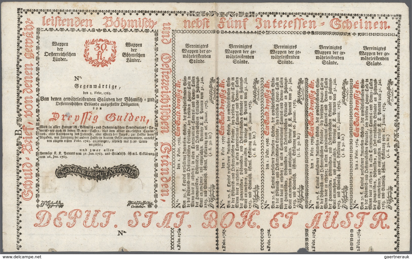 01062 Austria / Österreich: 30 Gulden 1763 Obligation Vienna, PR W7), Complete Sheet In Condition: XF. - Oostenrijk