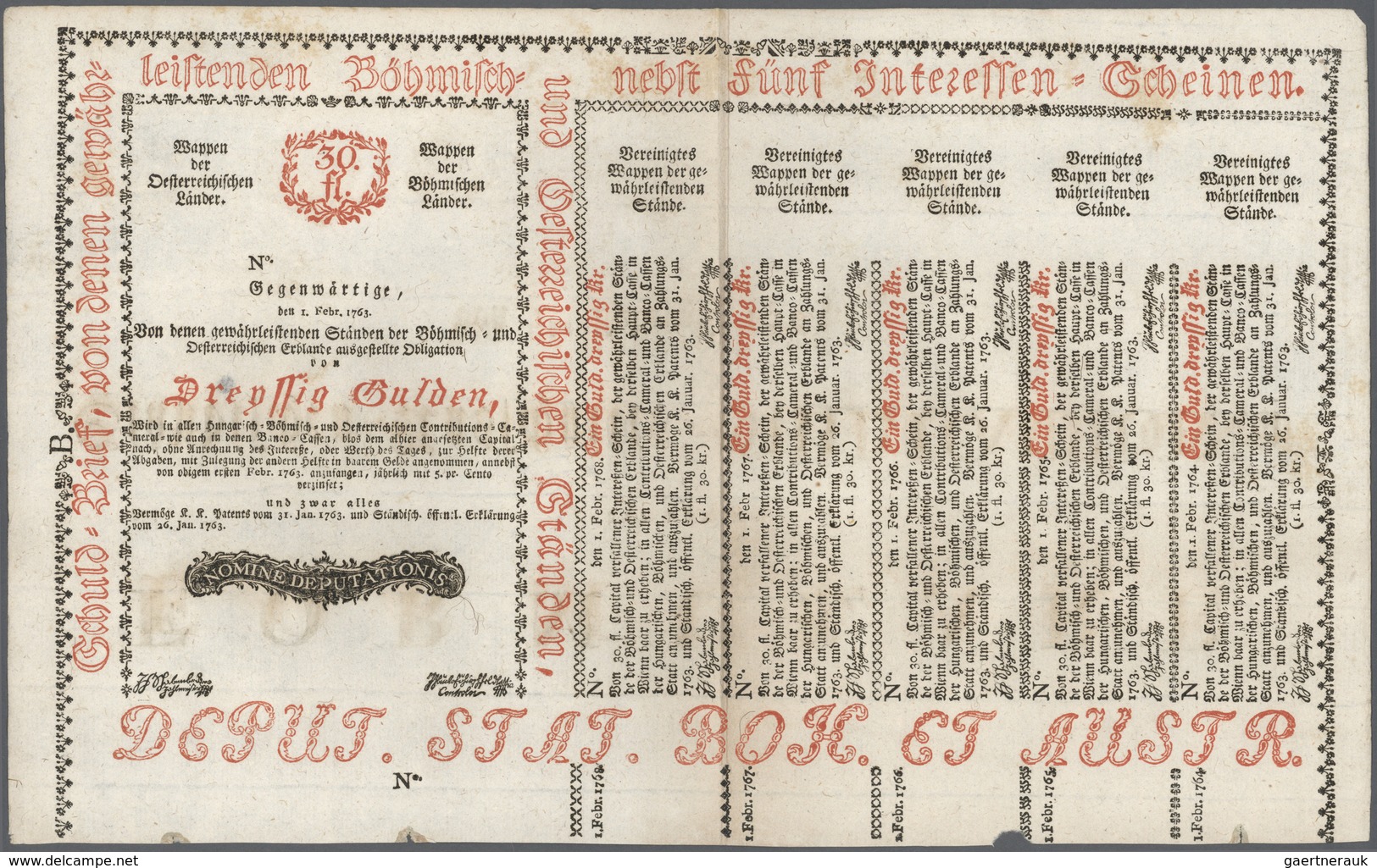 01062 Austria / Österreich: 30 Gulden 1763 Obligation Vienna, PR W7), Complete Sheet In Condition: XF. - Austria