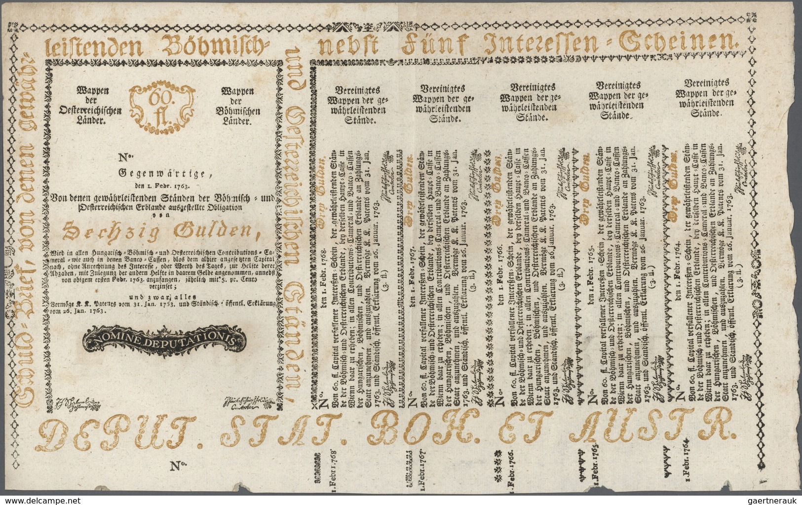 01063 Austria / Österreich: 60 Gulden 1763 Obligation Vienna, PR W8), Complete Sheet In Condition: VF. - Austria