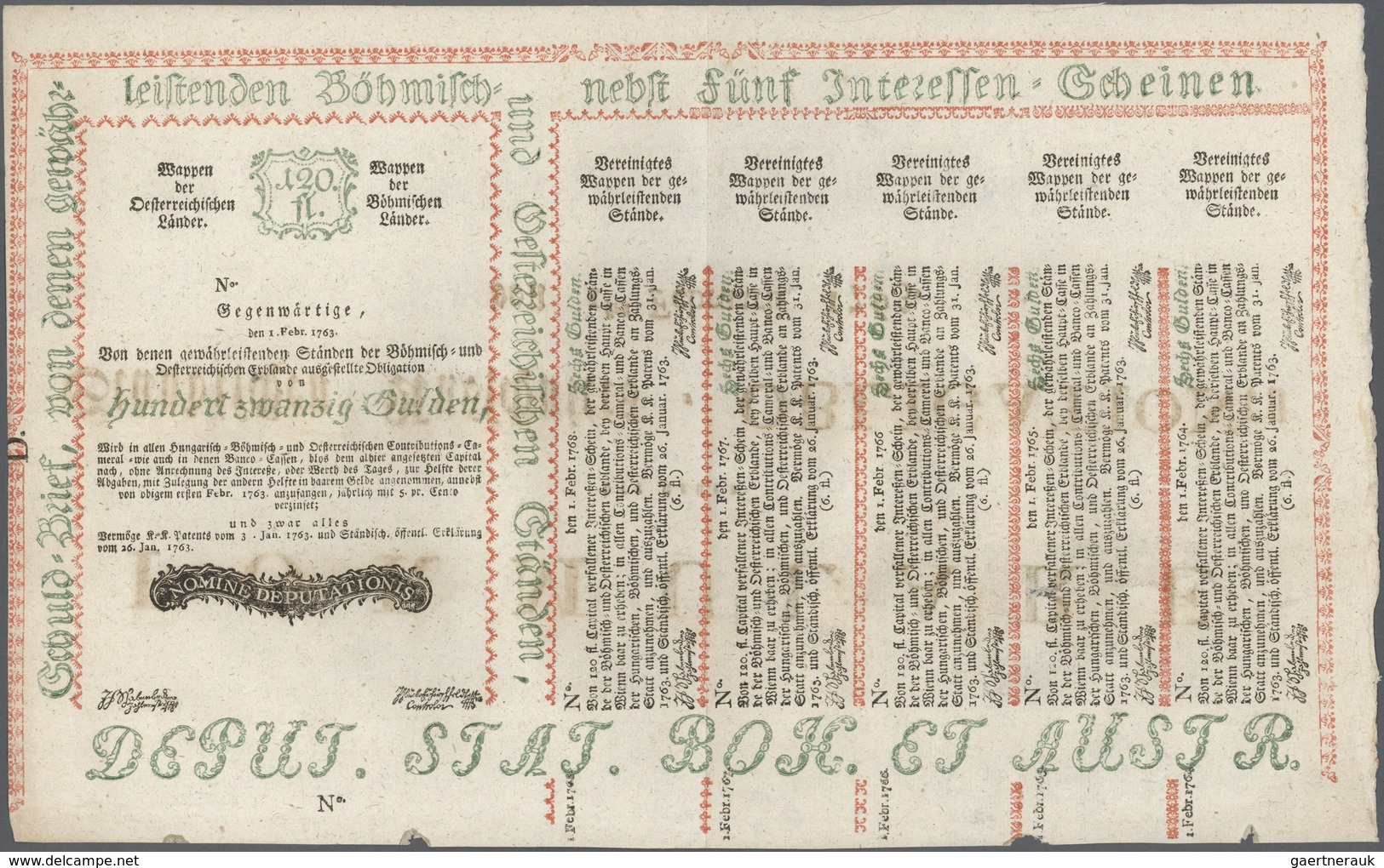 01064 Austria / Österreich: 120 Gulden 1763 Obligation Vienna, PR W9), Complete Sheet In Condition: VF. - Austria