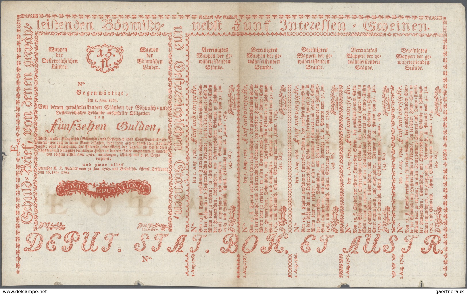 01065 Austria / Österreich: 15 Gulden 1763 Obligation Vienna, PR W10), Complete Sheet In Condition: XF. - Austria