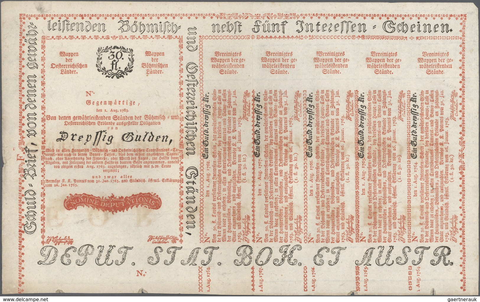 01066 Austria / Österreich: 30 Gulden 1763 Obligation Vienna, PR W11), Complete Sheet In Condition: VF. - Oostenrijk